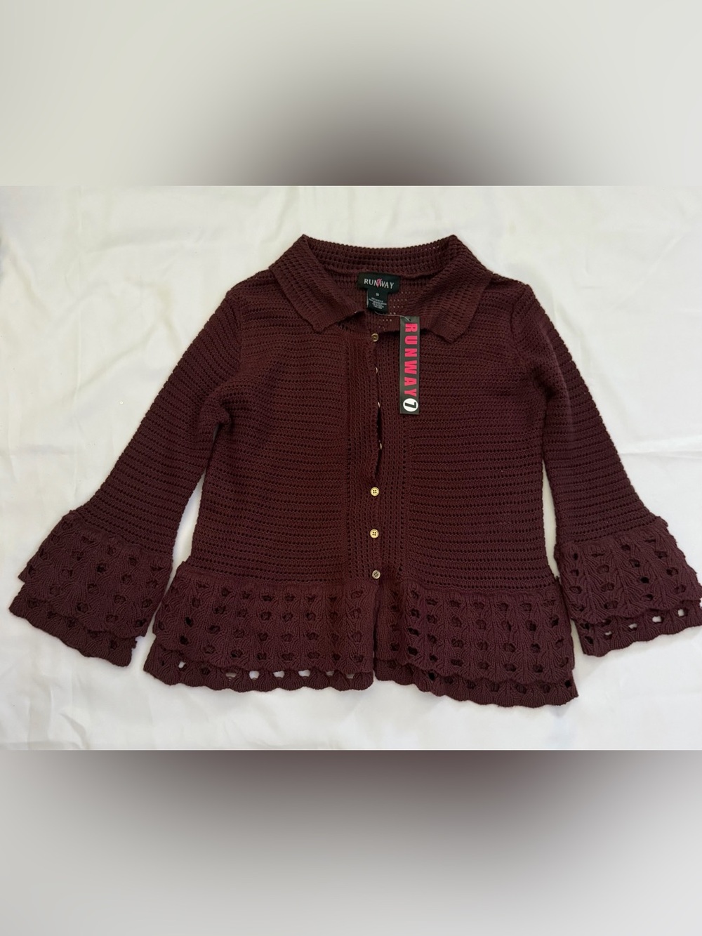 Women's Crochet Button-Front Cardigan in Deep Maroon